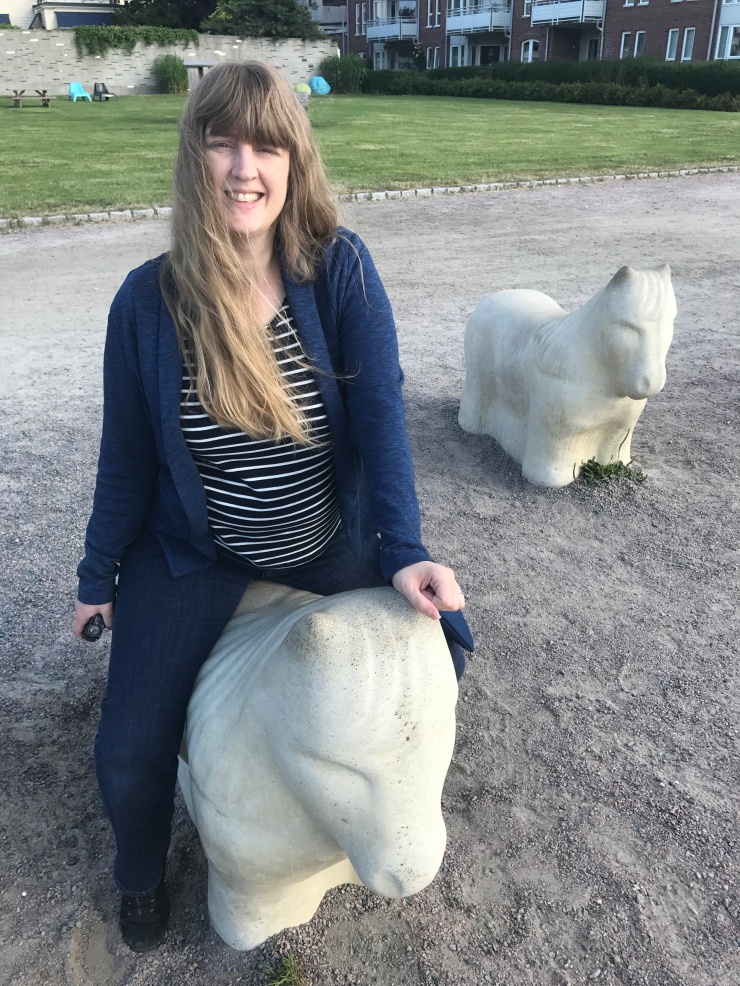 Kristiansand - June 2017 - Joanne on a horse statue